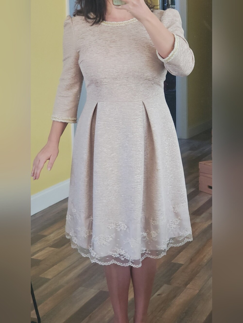 TS Three Seasons Pale Blush Pink Dress w/ Pretty Details @ Neck, Sleeves, & Hem